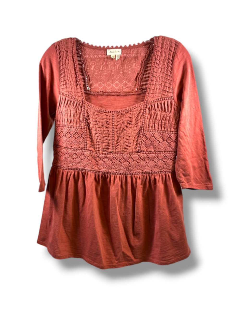 Meadow Rue Anthropologie Blouse Crochet Peplum Blouse in Rust Size XS